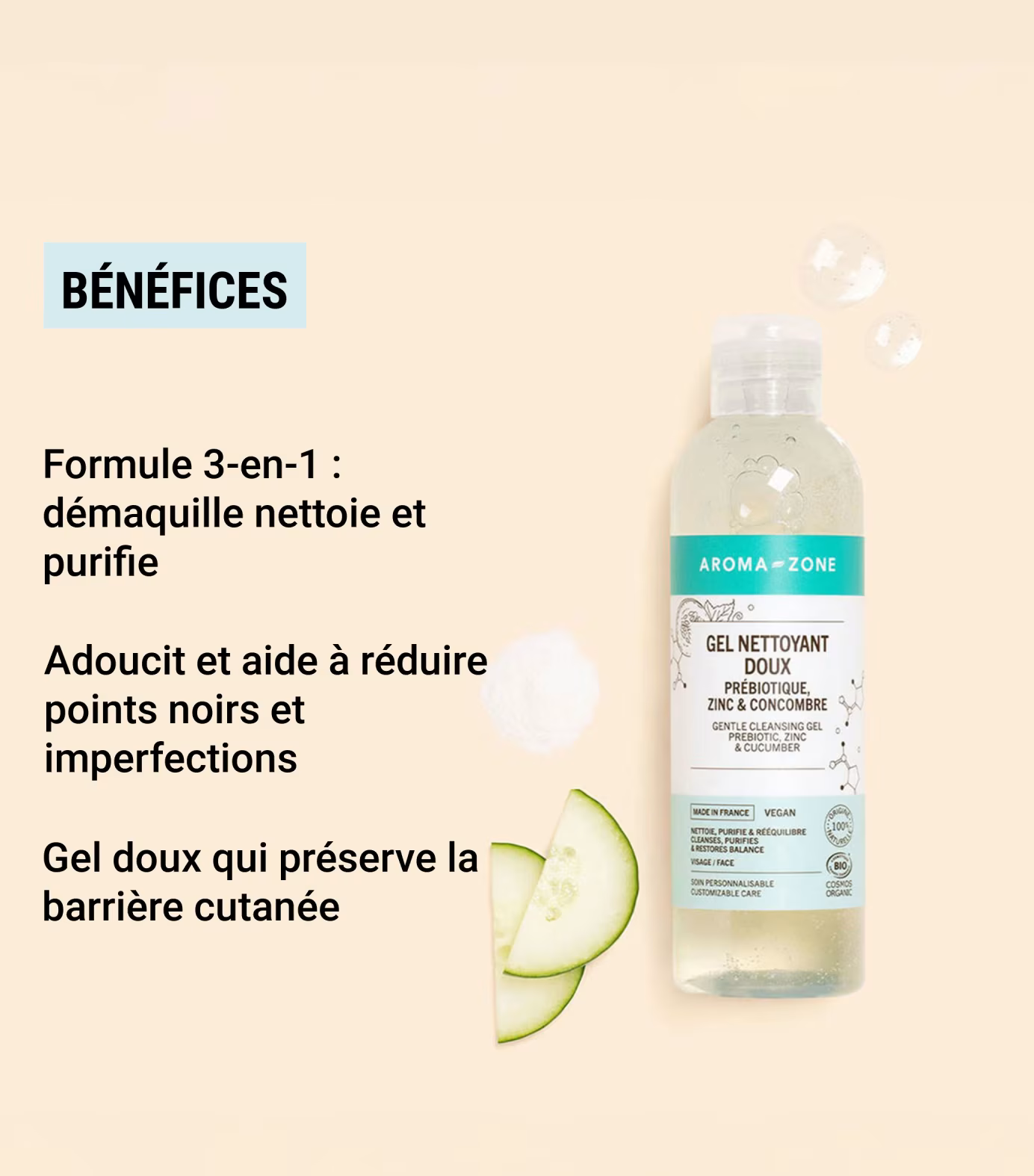 Aroma Zone Gel nettoyant doux Prébiotique, Zinc & Concombre - 200ml