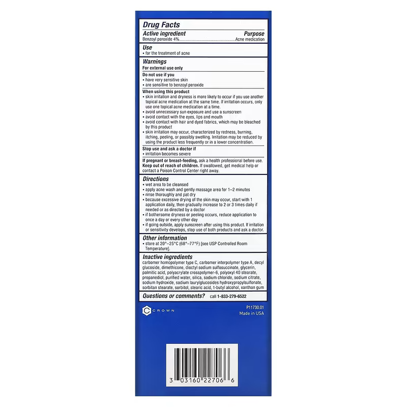 PanOxyl Nettoyant crémeux contre l'acné Contrôle quotidien - Peroxyde de benzoyle à 4 % - 170g